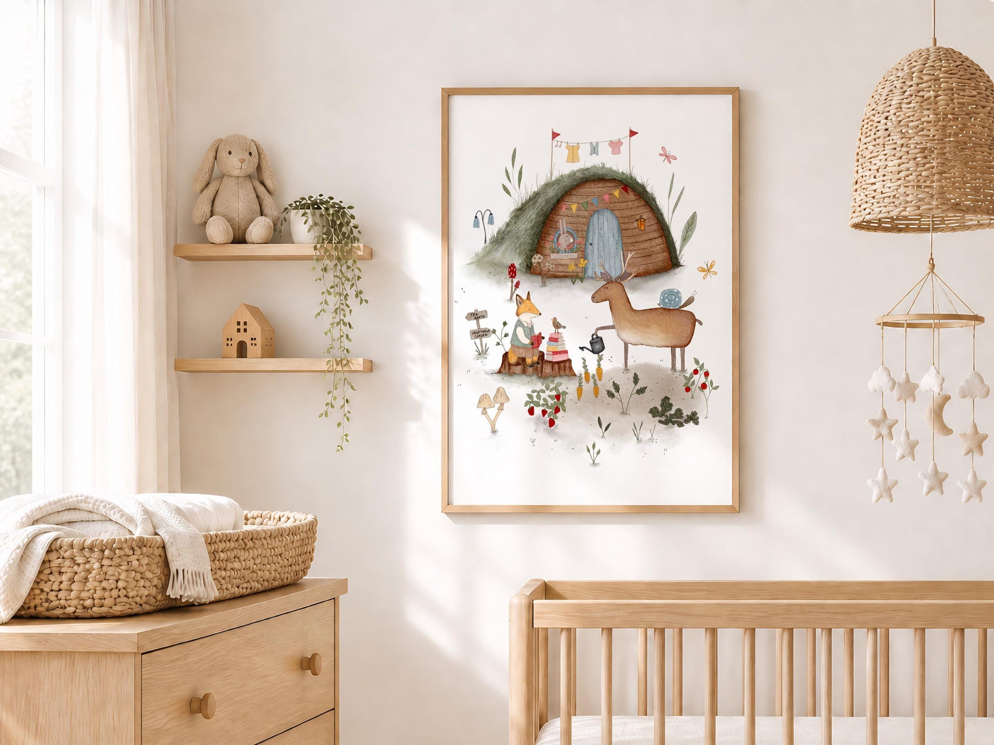 Cute animal gathering wall print for nursery — charming underground home with colorful bunting, mushrooms, and nature-loving woodland theme