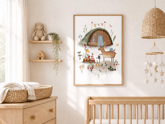 Cute animal gathering wall print for nursery — charming underground home with colorful bunting, mushrooms, and nature-loving woodland theme