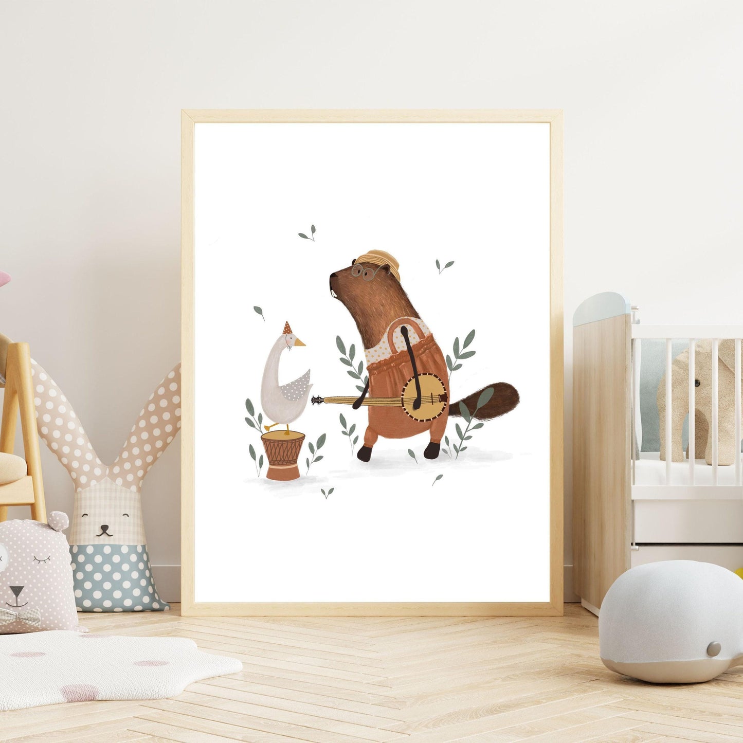 Whimsical Kids Wall Art - Beaver and Goose Musical Animal Poster for Nursery