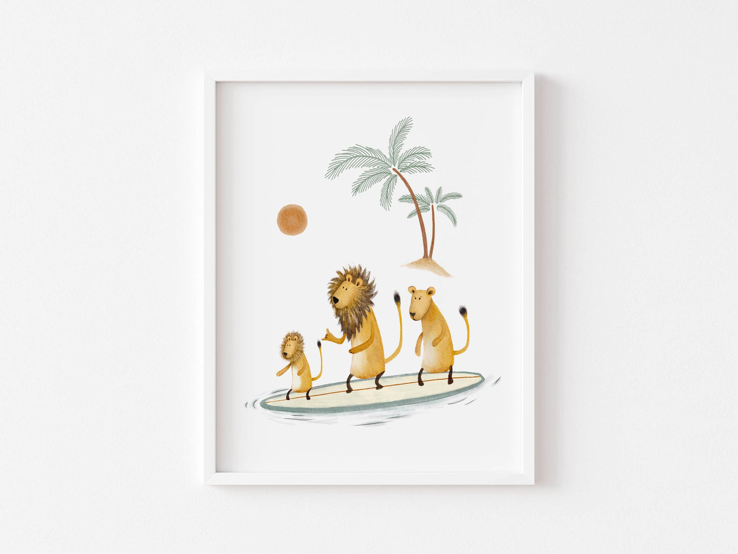 "Illustration of three lions surfing on a surfboard in the ocean, with palm trees and a sun in the background."