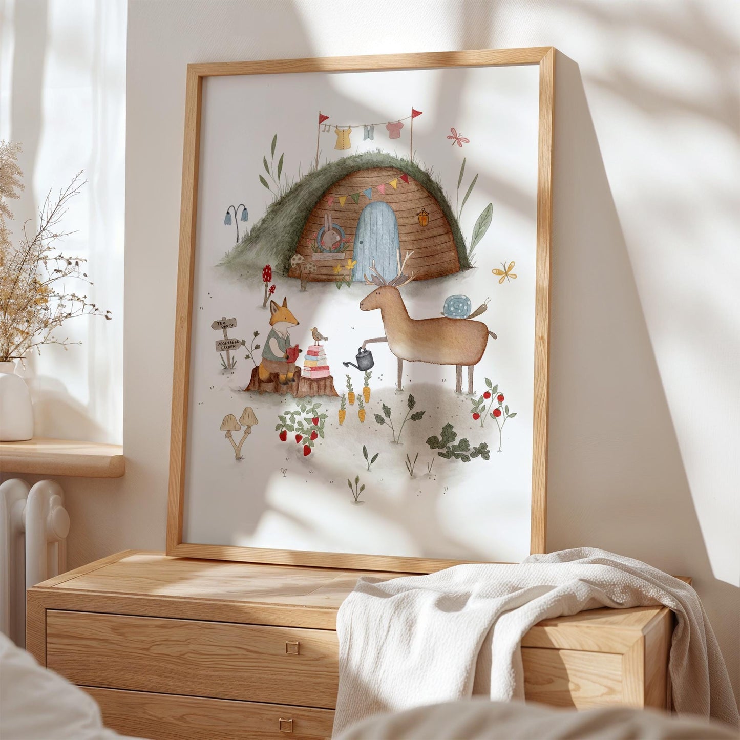 Forest creature wall art for playroom — whimsical mole house with gathered woodland friends and delicate flowers in warm watercolor style