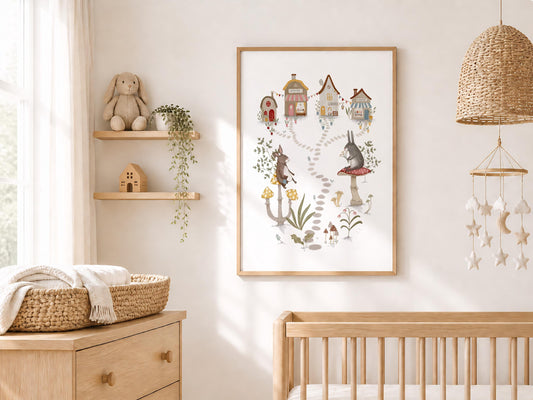 Storybook animal artwork for baby room — magical rabbit village with enchanted houses, blooming wildflowers, and cozy countryside mood
