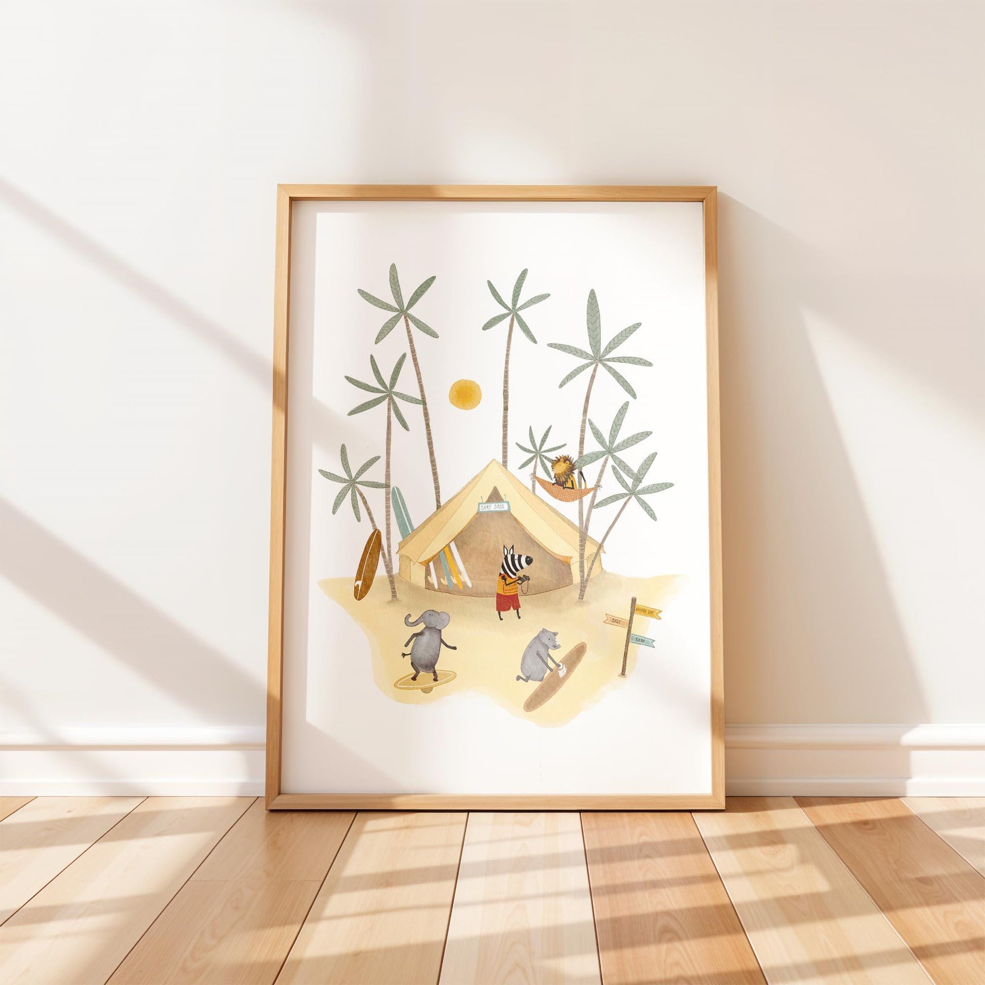Hand-painted whimsical boho art print featuring animals at a surf camp with palm trees, a tent, and sunny beach scene