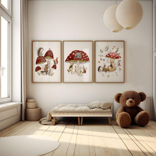 Three-piece animal art frame set for a playful playroom — cute watercolor designs of mushrooms and woodland critters in warm hues.