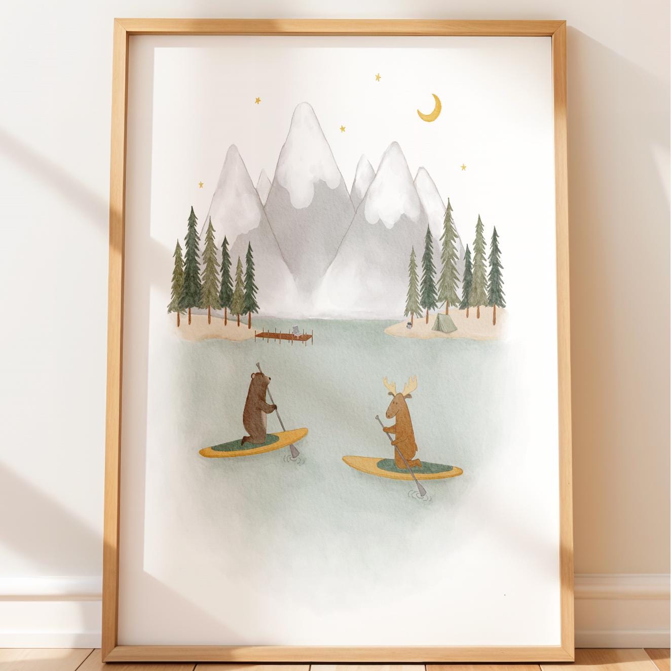 Forest animal lake scene wall art for kids bedroom — calming nature-themed illustration with soft pastel colors and evergreens