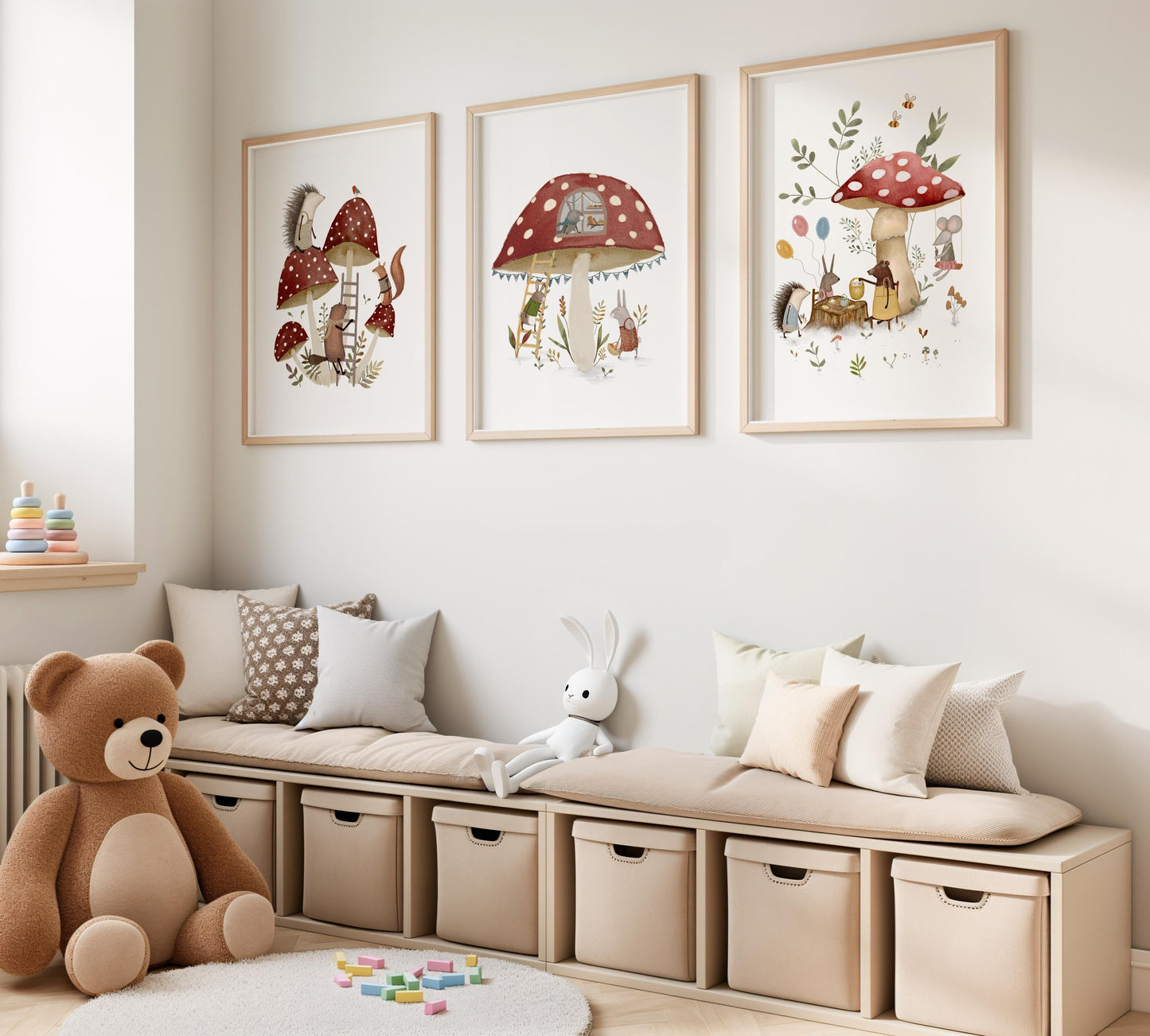 Storybook-theme gallery wall art for baby room — delightful prints of red and white mushrooms framed with soft greens and woodland charm.