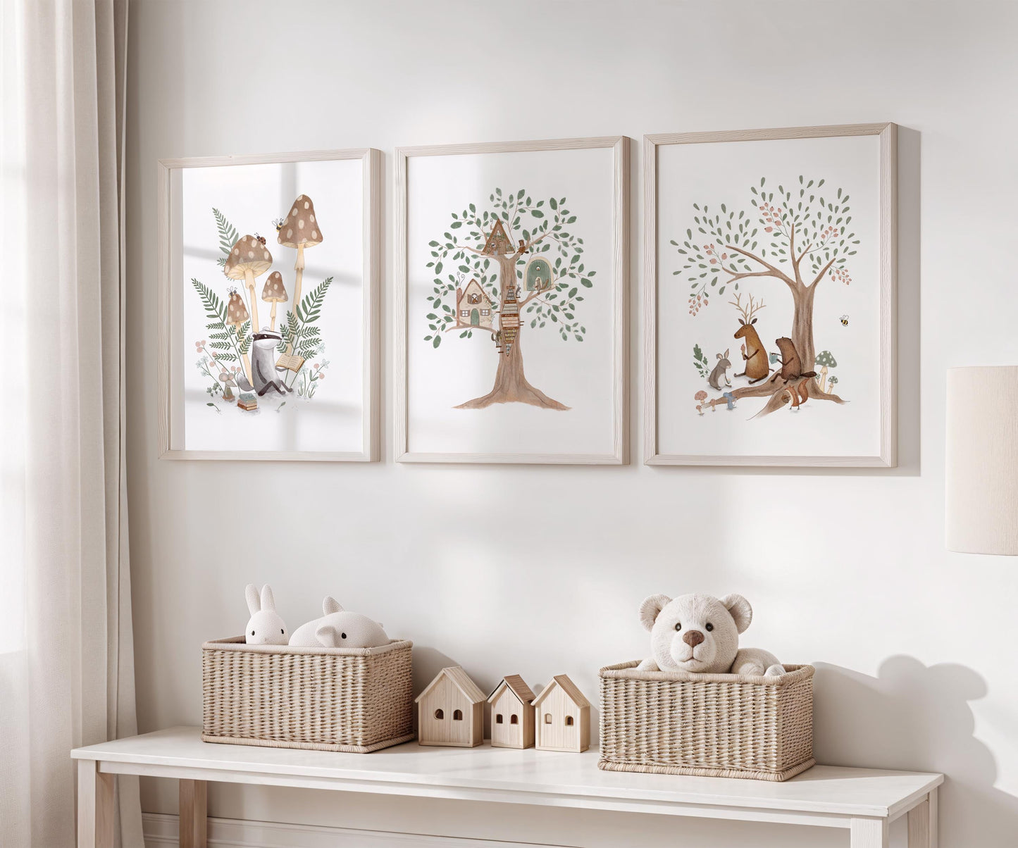 Woodland creatures wall art bundle for nursery — cozy watercolor prints of foxes, trees, and mushrooms in soft earthy tones.