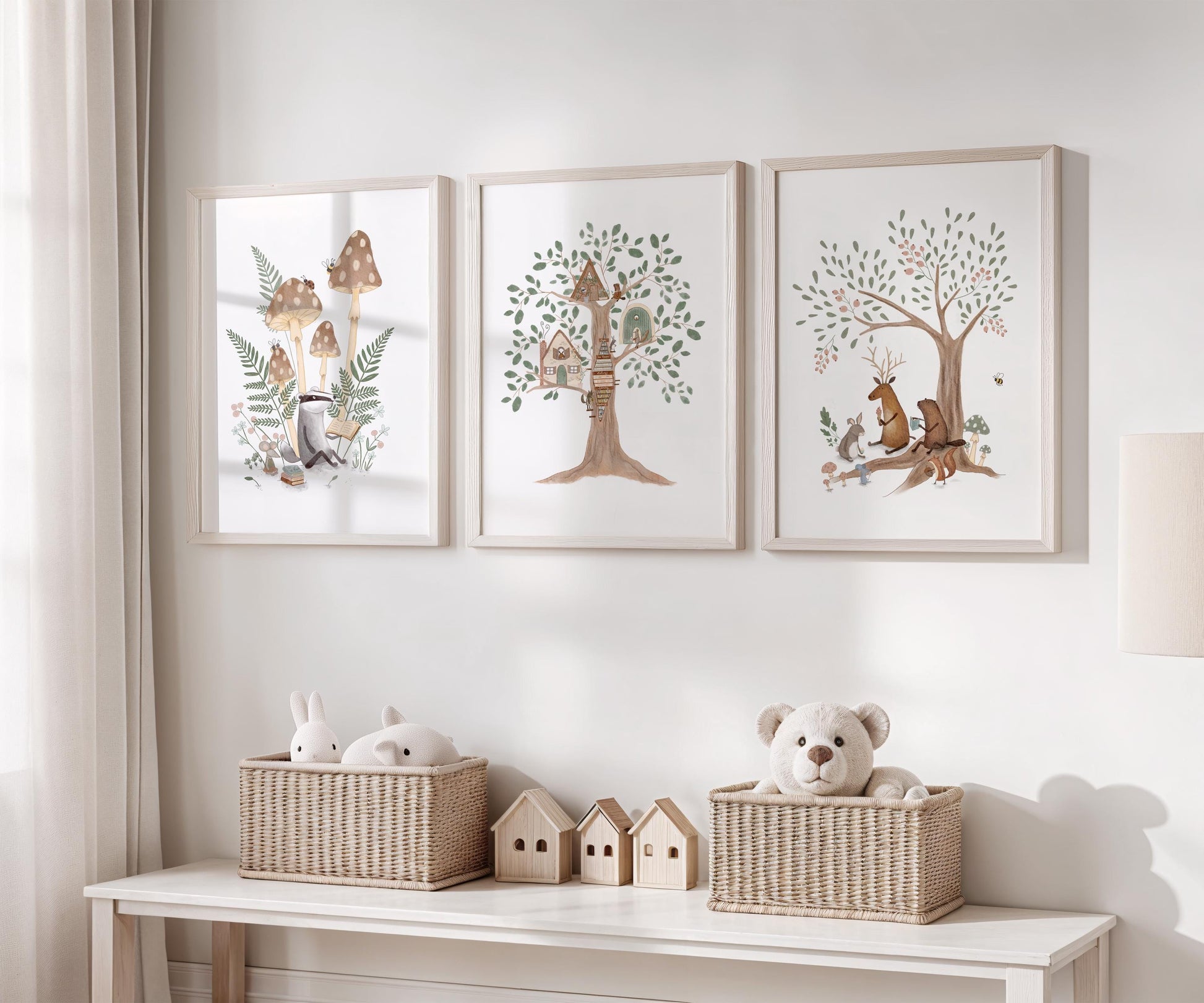 Woodland creatures wall art bundle for nursery — cozy watercolor prints of foxes, trees, and mushrooms in soft earthy tones.