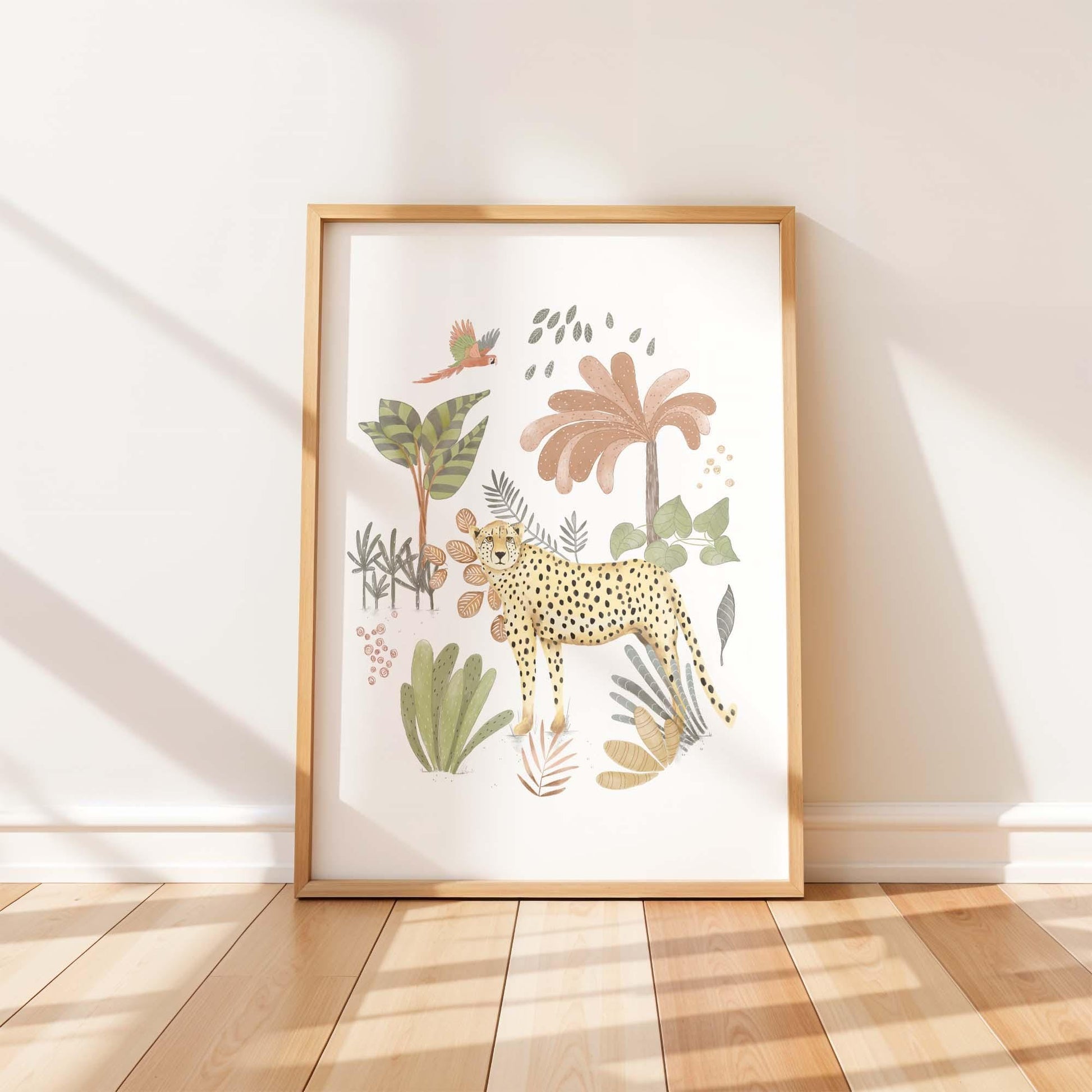 Jungle nursery decor featuring cheetah and parrot illustration