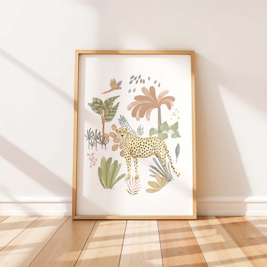 Jungle nursery decor featuring cheetah and parrot illustration