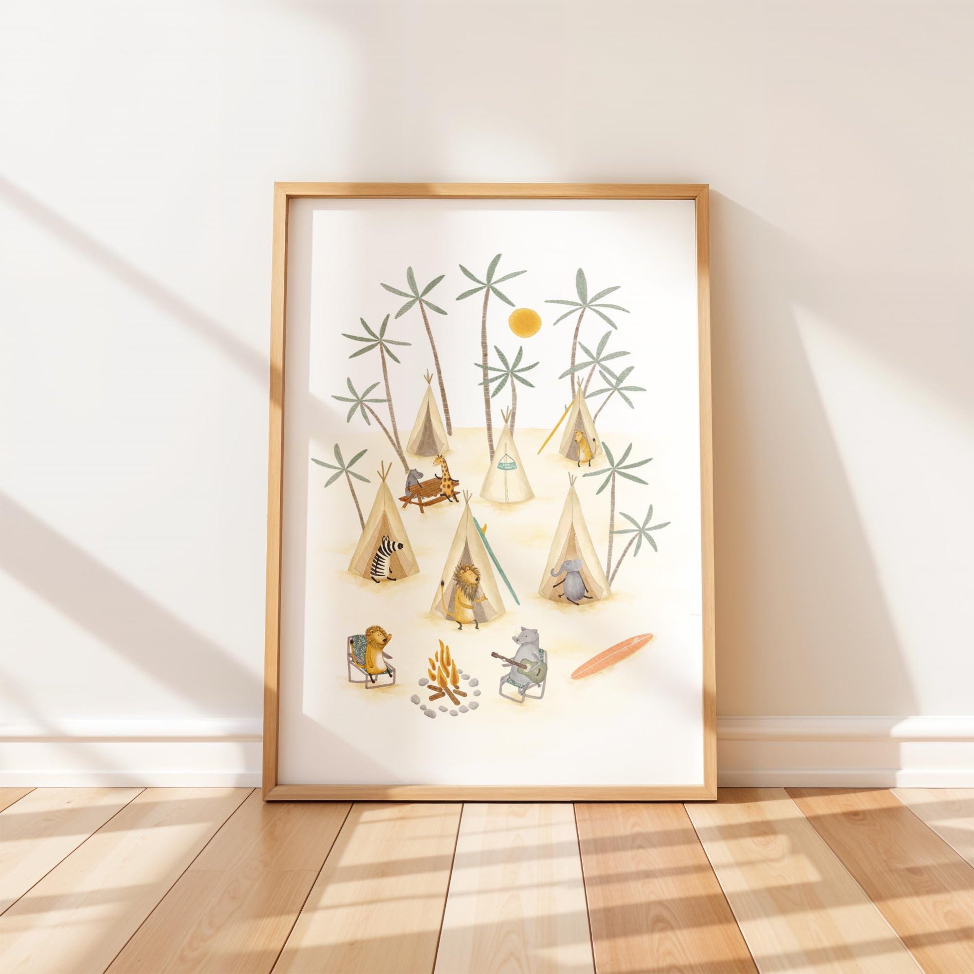 Hand-painted whimsical art print of animals camping in teepees under palm trees with a campfire, surfboard, and sun