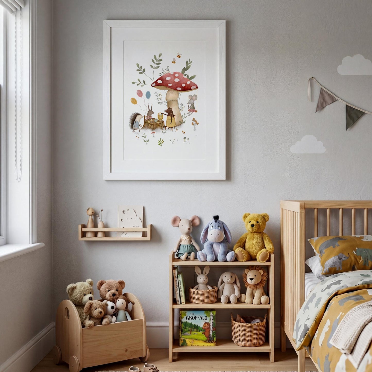 Enchanted forest gathering wall art for bedroom — storybook hedgehog and woodland friends under spotted red toadstool