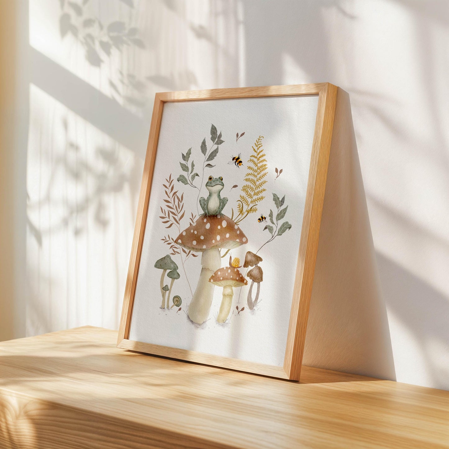 Woodland Frog Art Print – Playful Mushroom & Bees Illustration for Kids Room