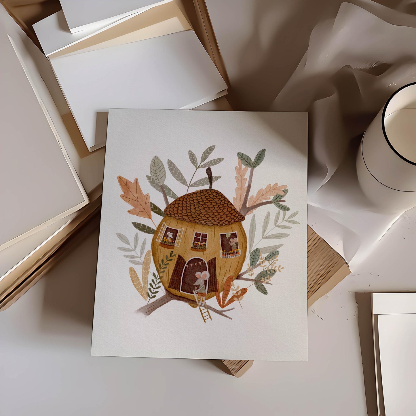 Acorn House Mice Art – Whimsical Kids Decor | Storybook Nursery Print