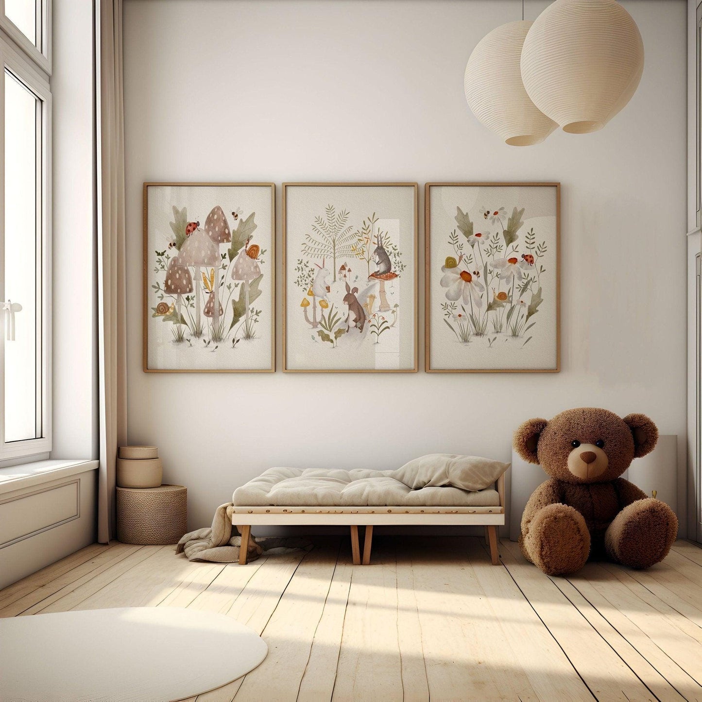 A cozy and inviting child's bedroom with a large teddy bear, a wooden bench, and three framed wall art depicting mushrooms and other nature scenes.