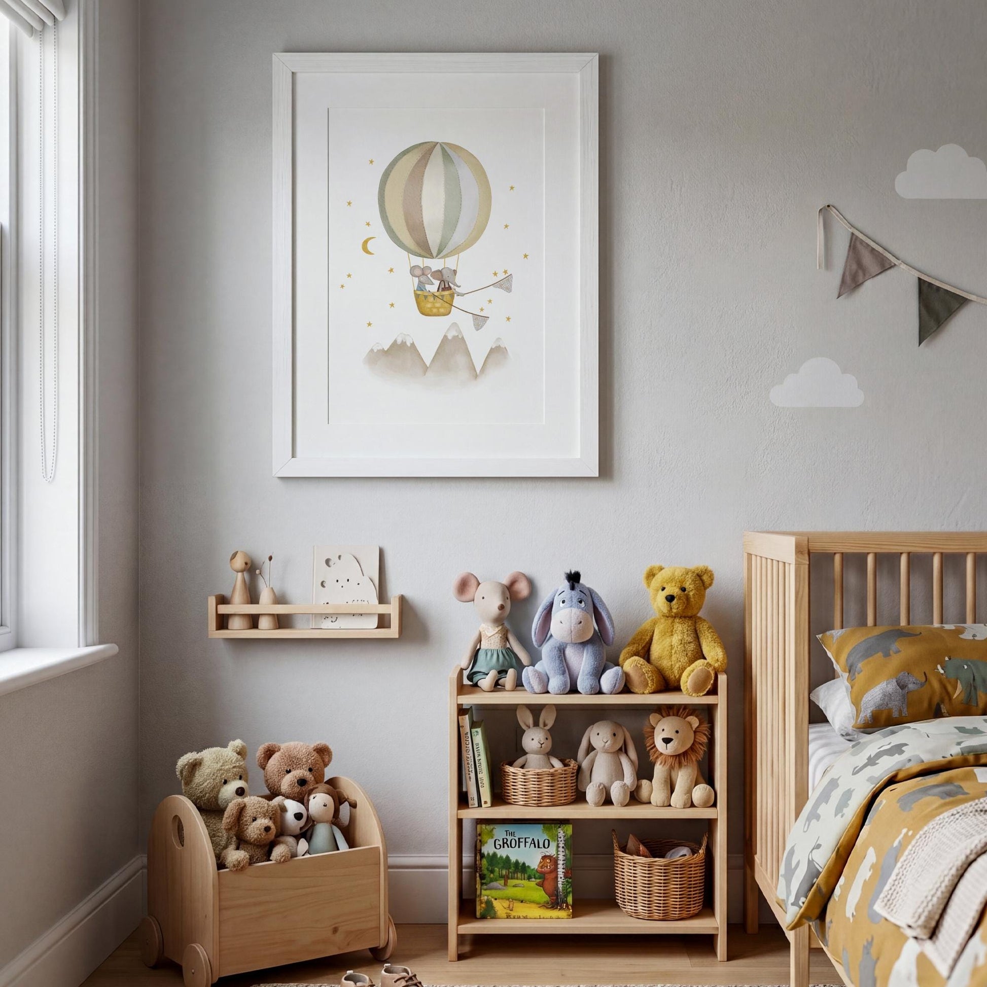 Elephant in clouds wall art poster for nursery — whimsical baby print featuring sage green, yellow balloon, and starry night sky