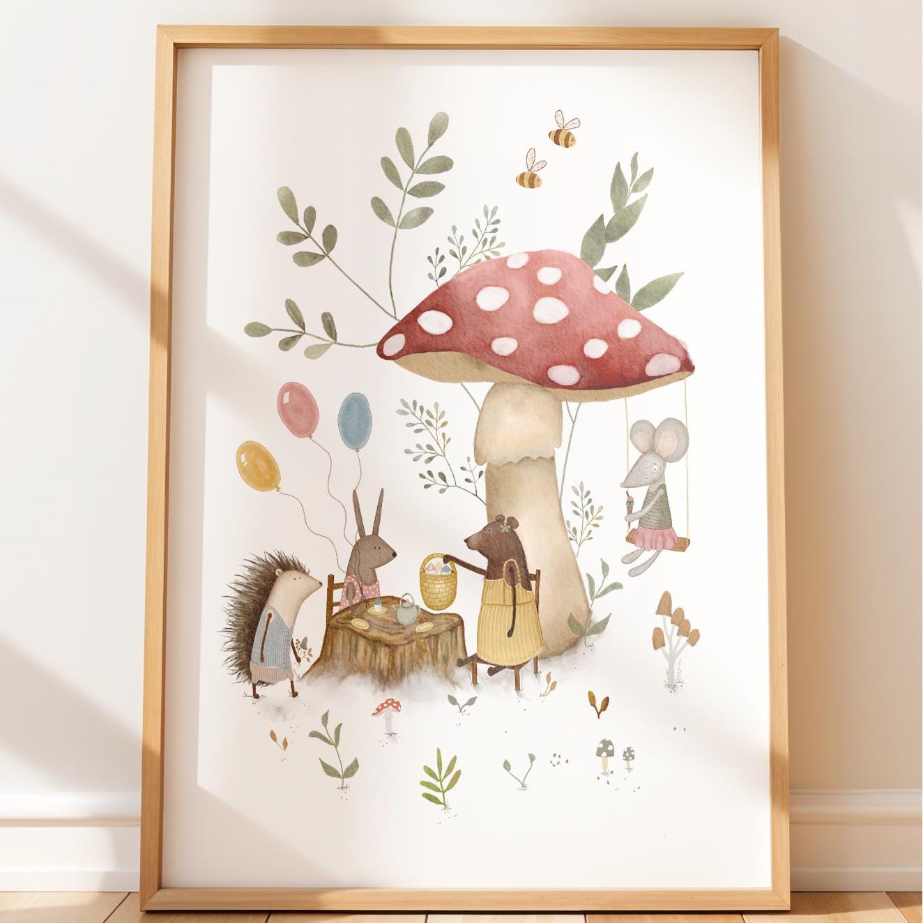 Mushroom tea party poster for kids' room — cottagecore forest animals with colorful balloons and botanical branches