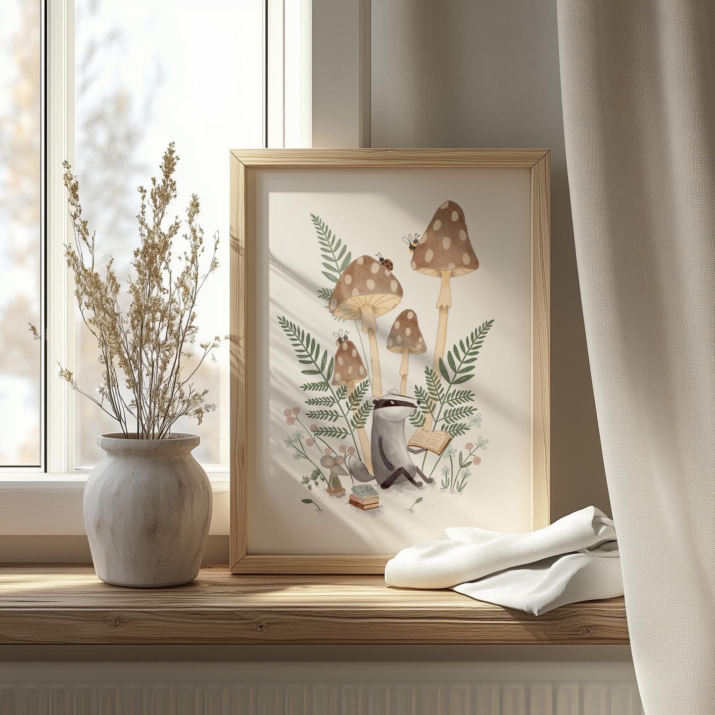 Nursery Art Print – Whimsical Mushroom Art with Cute Badger & Mouse Illustration