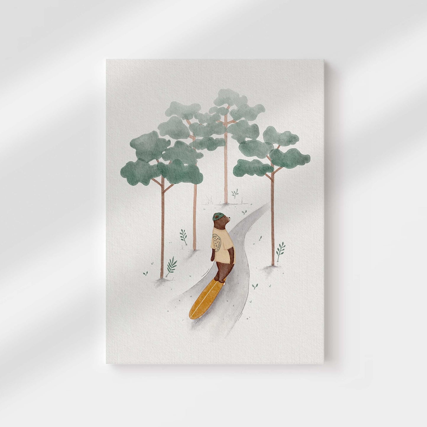Bear Skateboarding Canvas Art – Whimsical Forest Nursery Wall Art Print