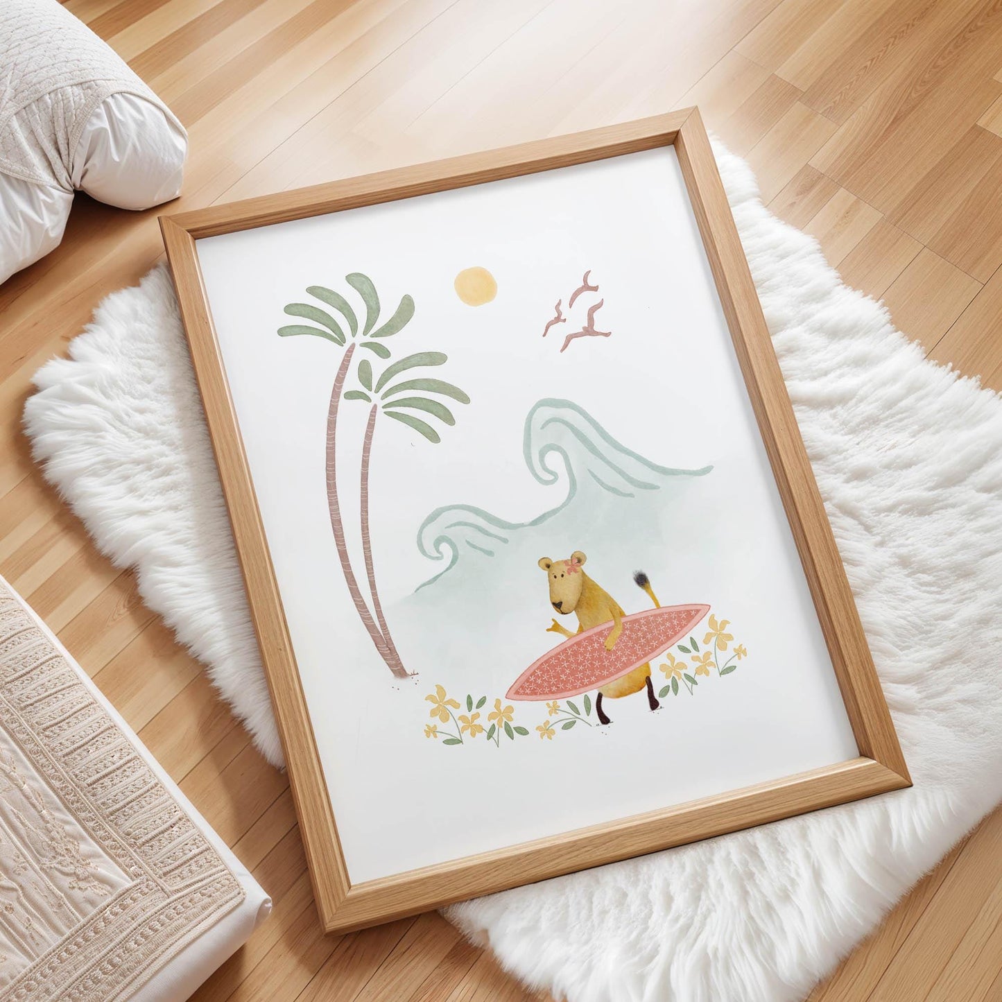 Surfing Lioness Art Print – Safari Beach Nursery Wall Art for Kids’ Beach Decor