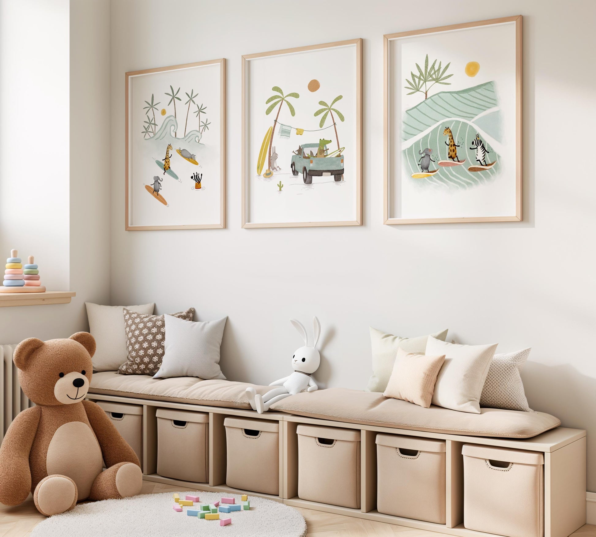 Tropical beach art poster collection for playroom — vibrant surf scenes and palm trees, creating a fun and inviting space.