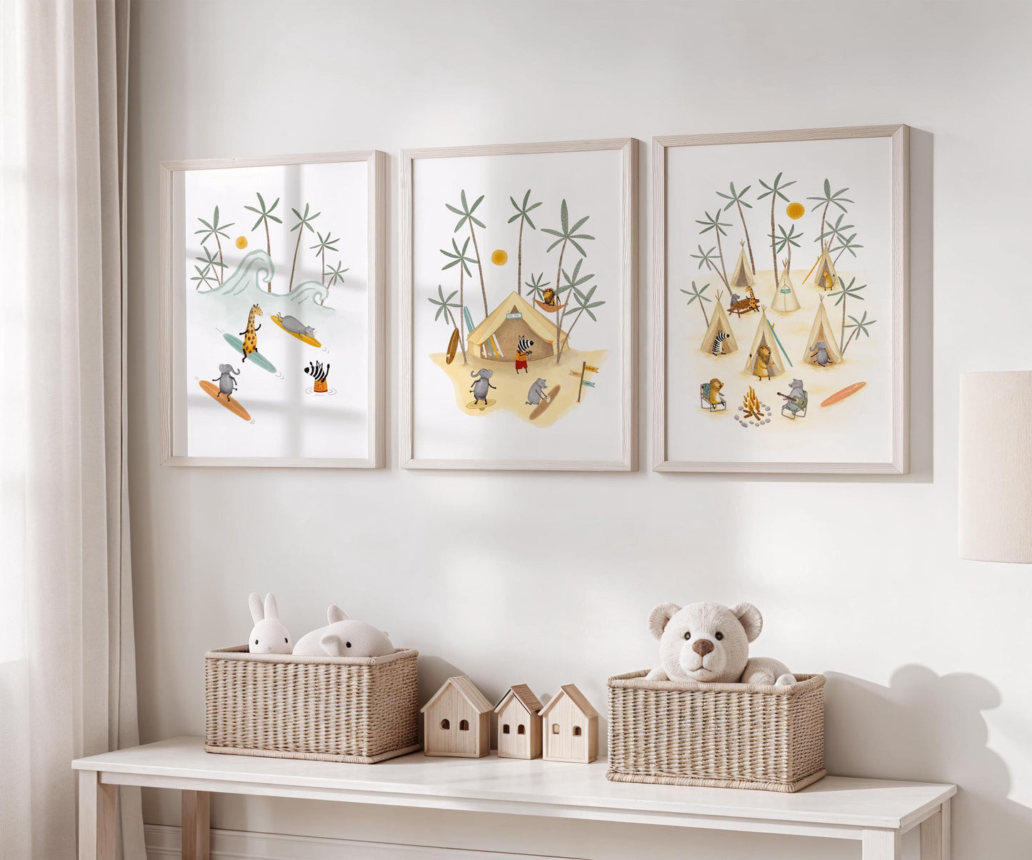 Safari Nursery Wall Art | Animal Surf Prints for Kids Beach Room | Boho Decor