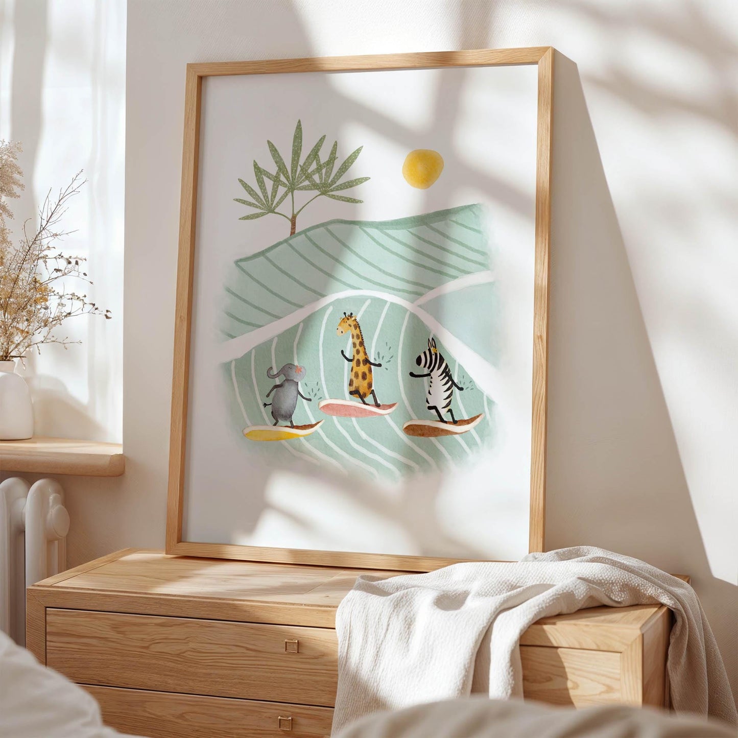 Nursery Surf Art – Safari Surf Crew Print | Vibrant Kids Beach Wall Art