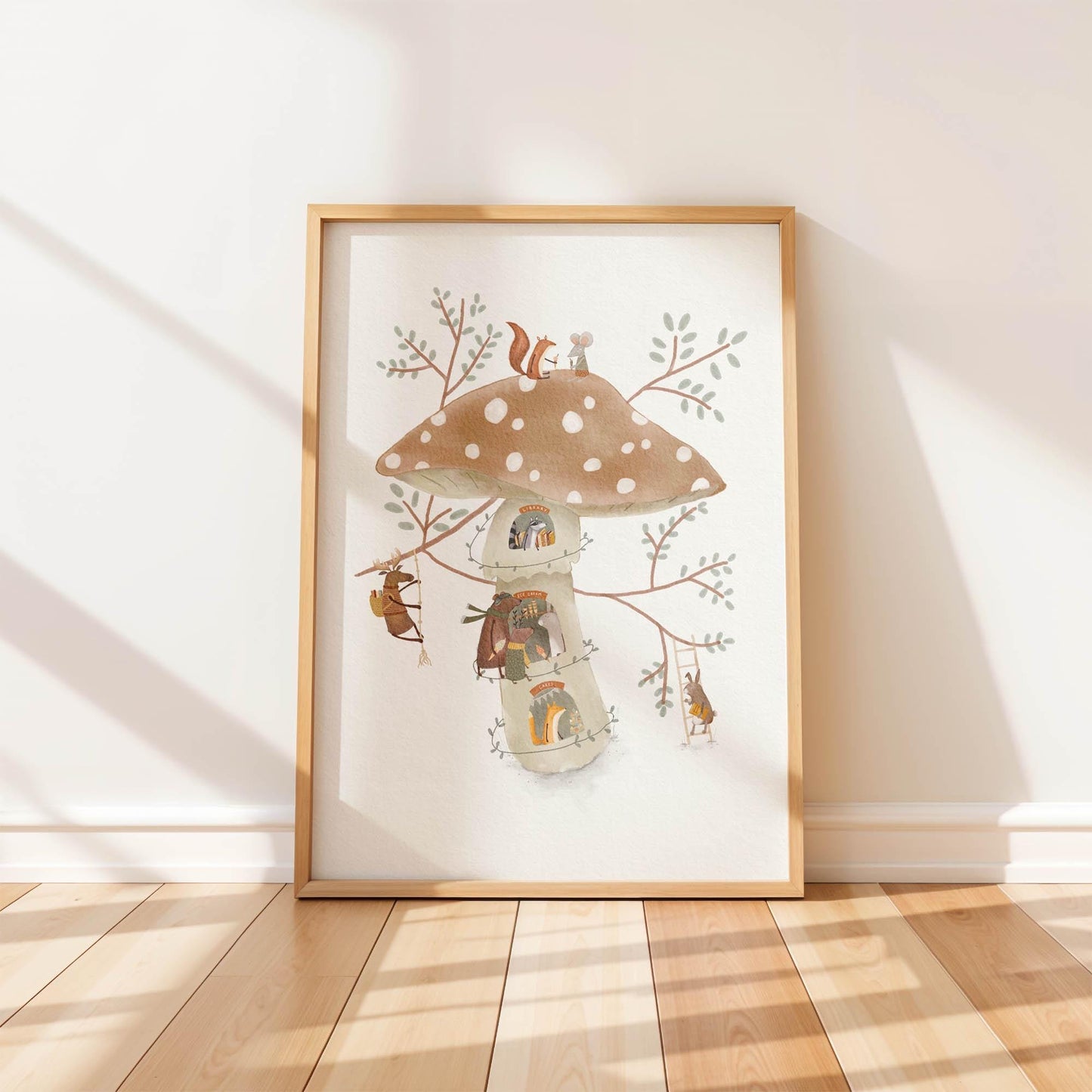 Watercolor illustration of woodland animals living inside a whimsical mushroom house with leafy branches.