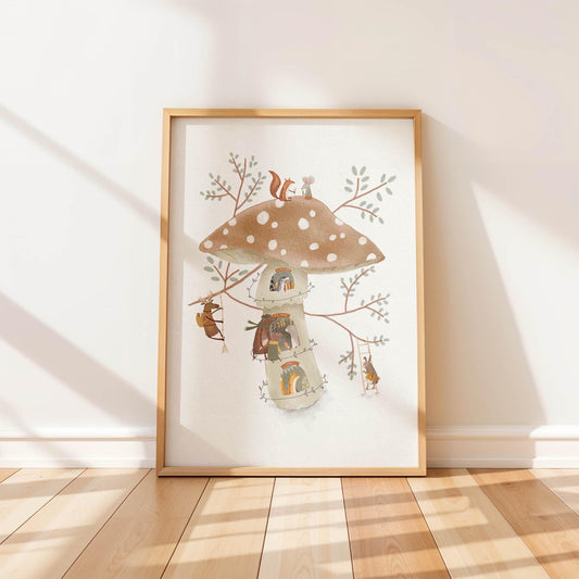 Watercolor illustration of woodland animals living inside a whimsical mushroom house with leafy branches.