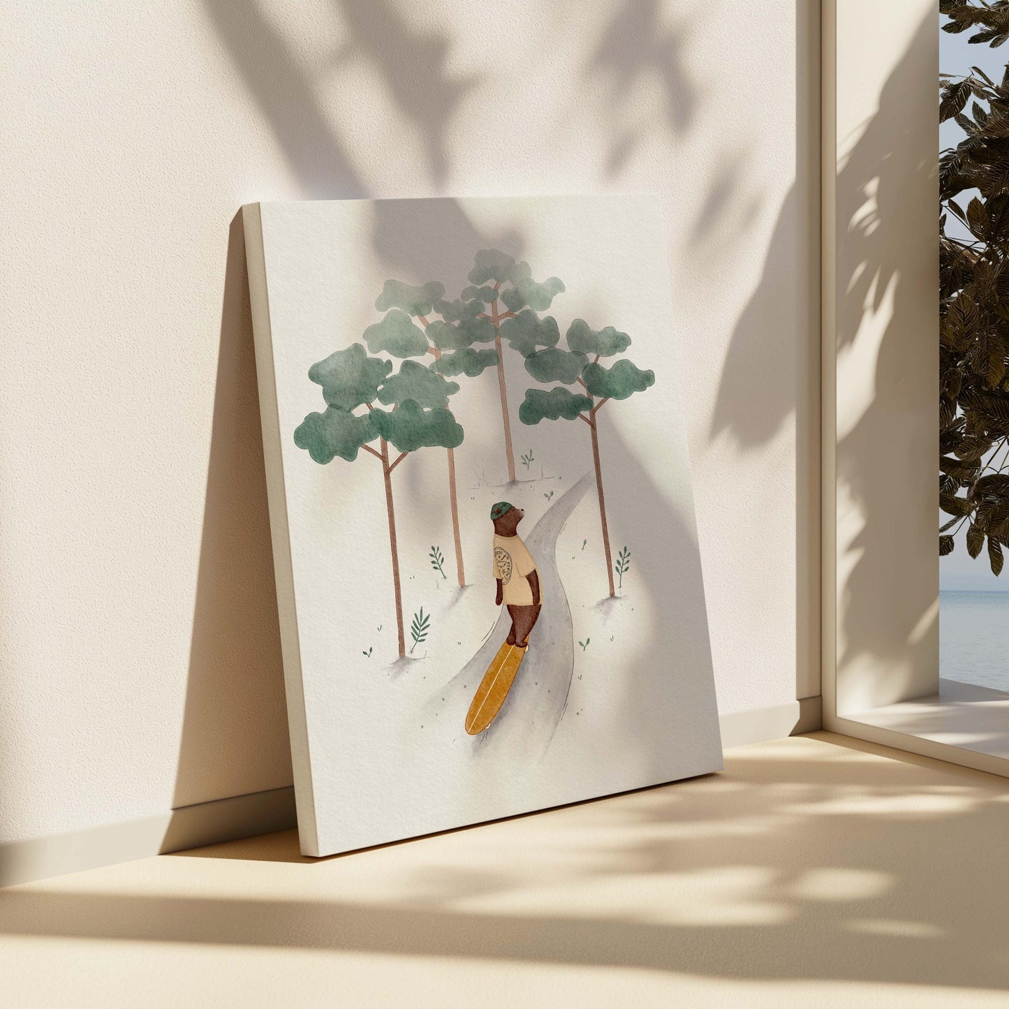 Bear Skateboarding Canvas Art – Whimsical Forest Nursery Wall Art Print