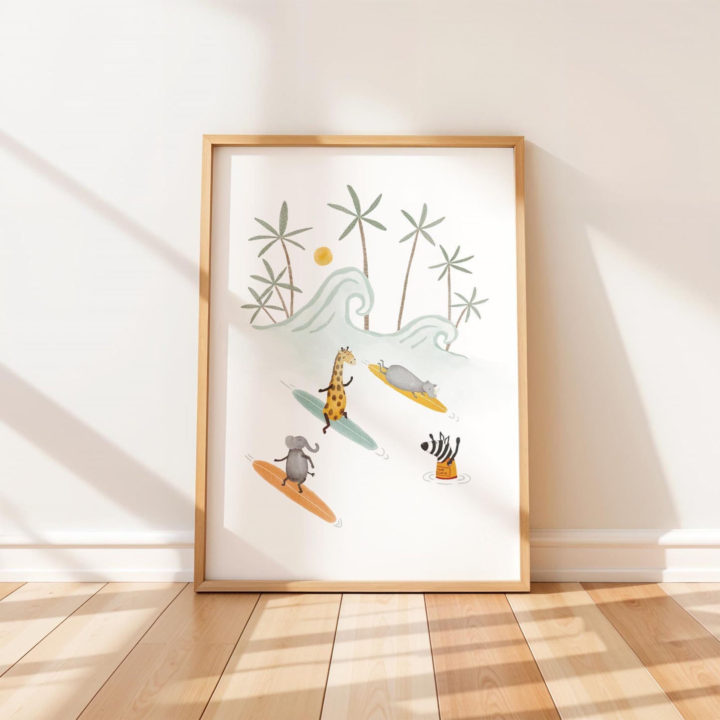 Boho-style nursery art print featuring jungle animals surfing on a tropical beach with waves and palm trees.