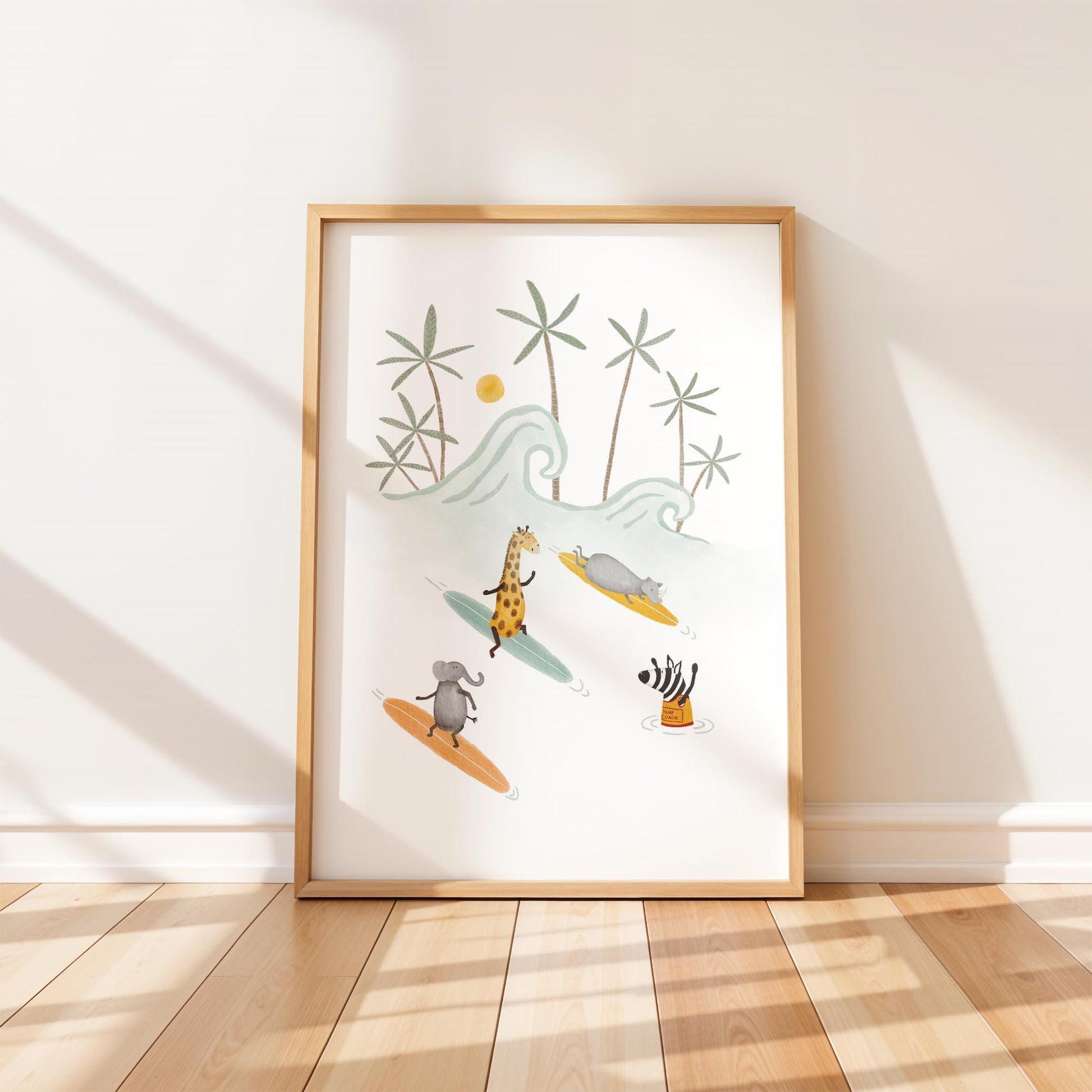 Boho-style nursery art print featuring jungle animals surfing on a tropical beach with waves and palm trees.