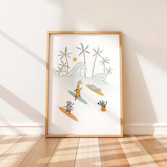 Boho-style nursery art print featuring jungle animals surfing on a tropical beach with waves and palm trees.