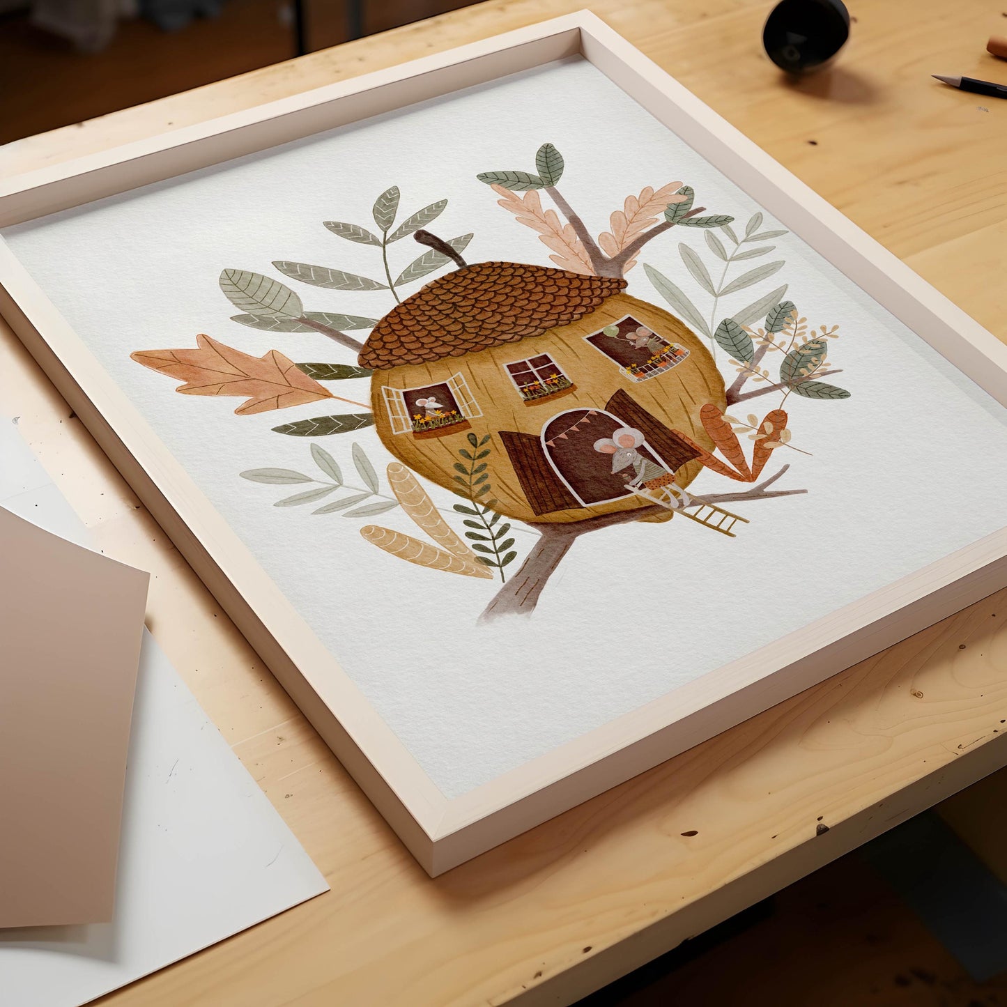 Acorn House Mice Art – Whimsical Kids Decor | Storybook Nursery Print