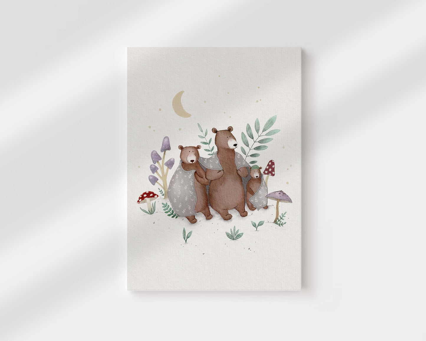 Bear forest art print with mushrooms and plant illustrations