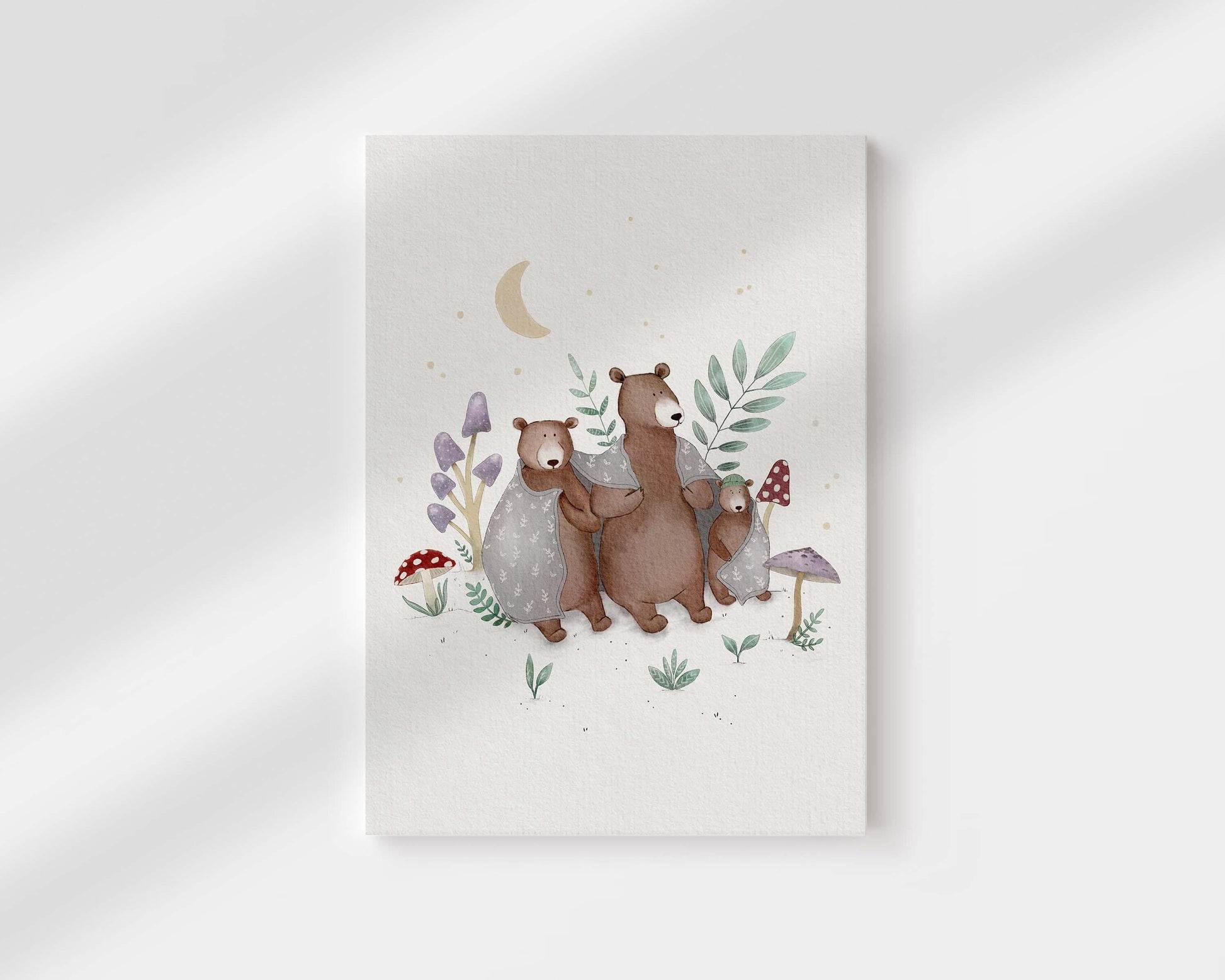Bear forest art print with mushrooms and plant illustrations