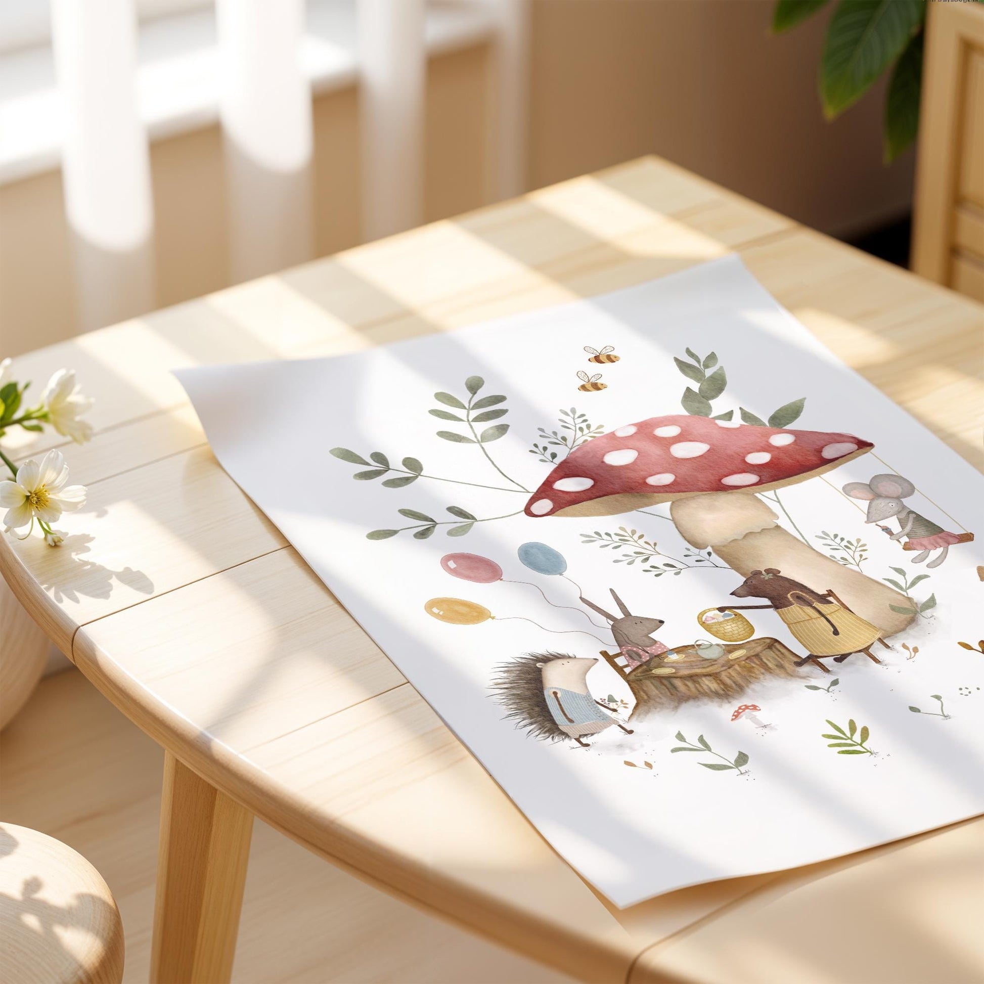 Whimsical toadstool picnic picture for children's space — soft watercolor animals, wildflowers, and muted natural tones