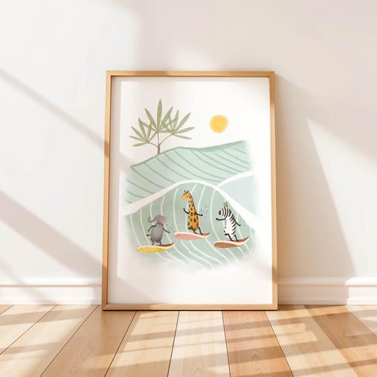 Whimsical nursery art print featuring an elephant, giraffe, and zebra surfing on waves with a sunny safari landscape in the background.