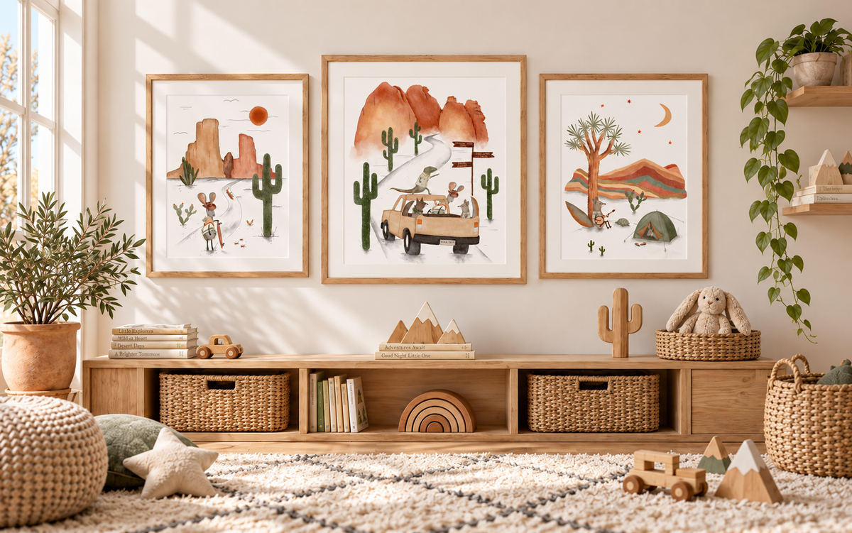 Adventure themed children's playroom with three framed Urchin Bay watercolor prints featuring a jackrabbit with a skateboard, animals on a desert road trip, and a coyote camping under the stars.