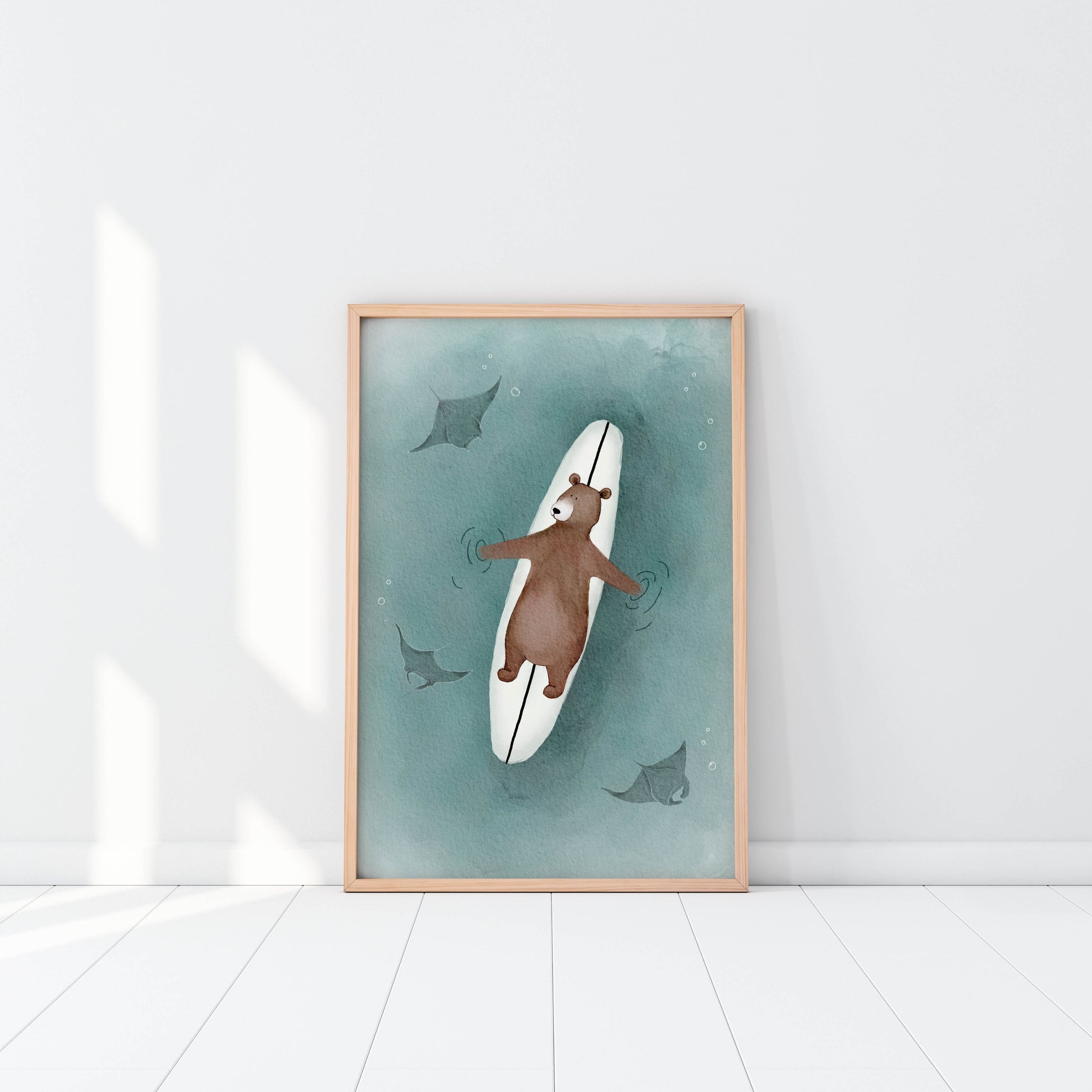 ocean illustration for children with manta rays and surfboard