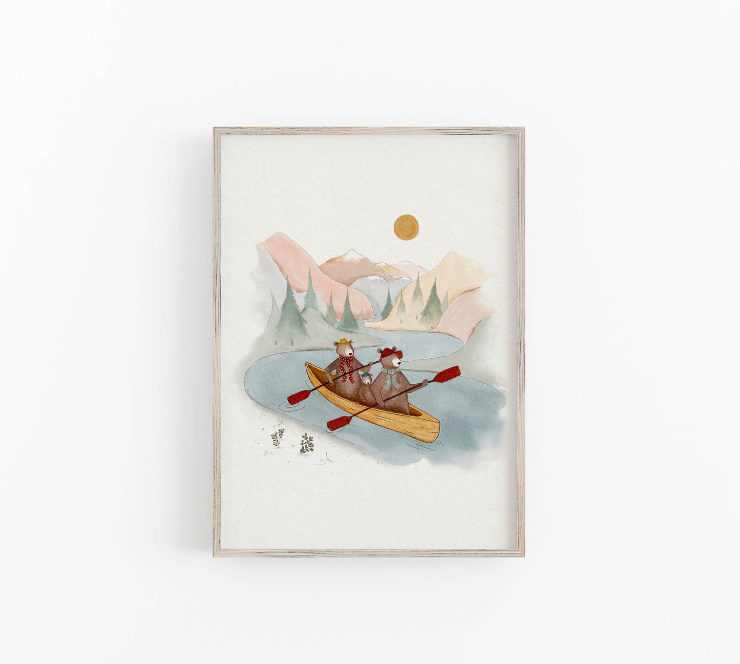 bear kayaking adventure art print for children, painted by hand.