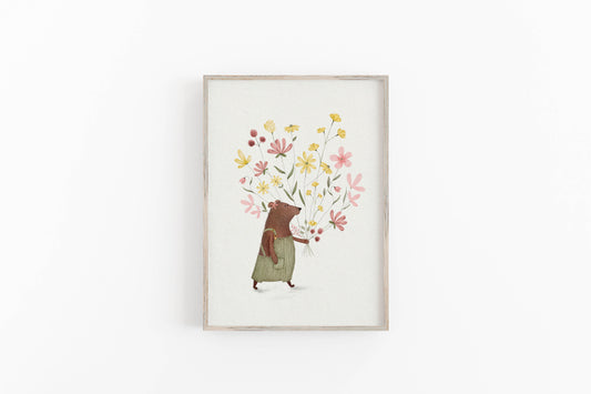 bear holding wildflowers art print for children's room