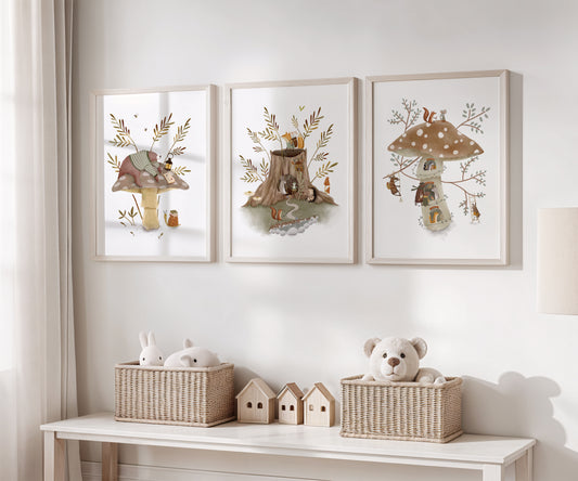 Woodland Nursery Prints – Mushroom Nursery Art | Forest Animal Wall Art Set