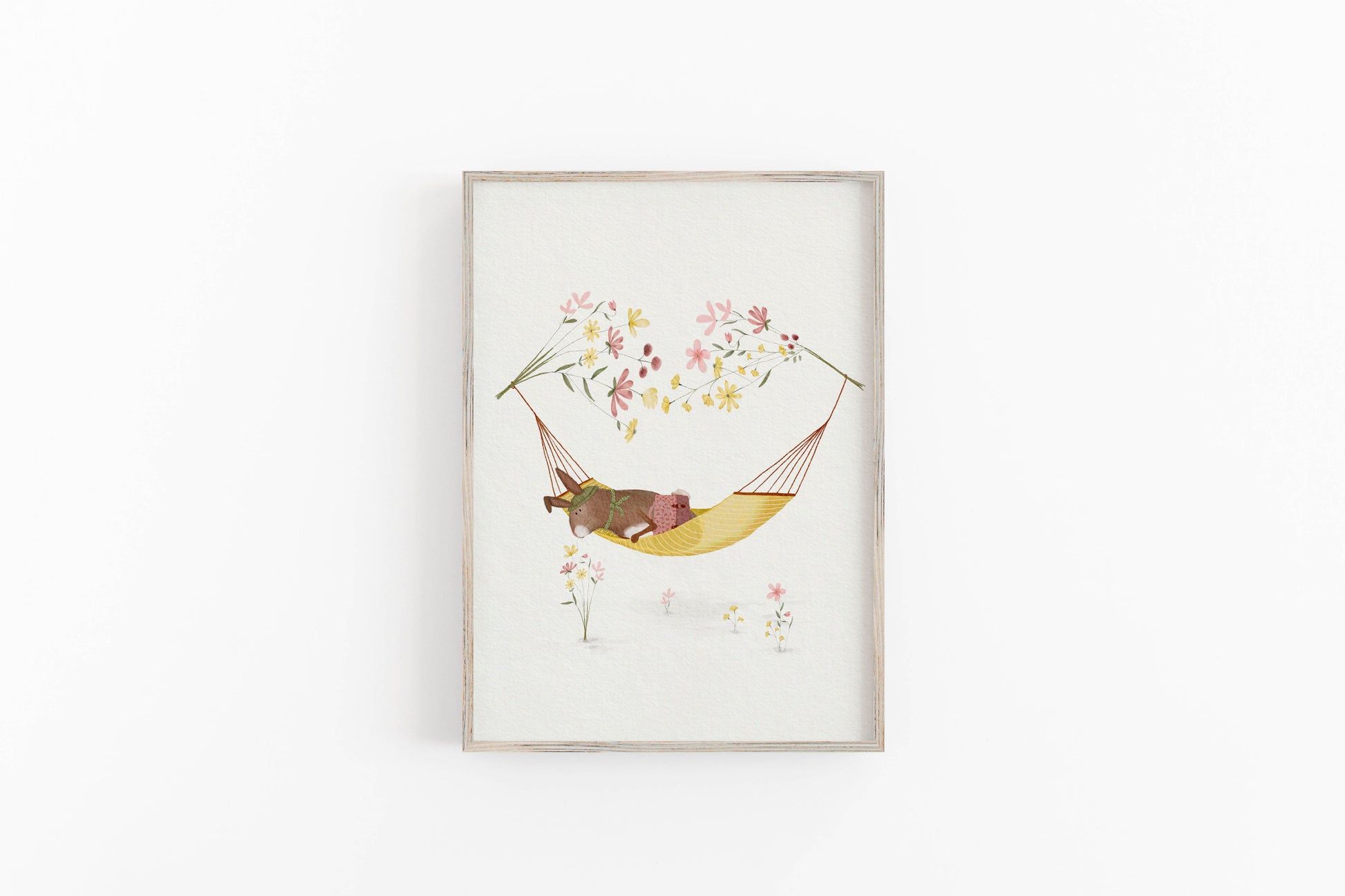 bunny rabbit in a hammock surrounded by wildflowers art illustration for children