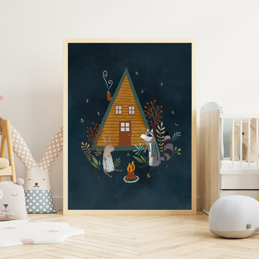 Forest Cabin Art Print, Woodland Wall Art