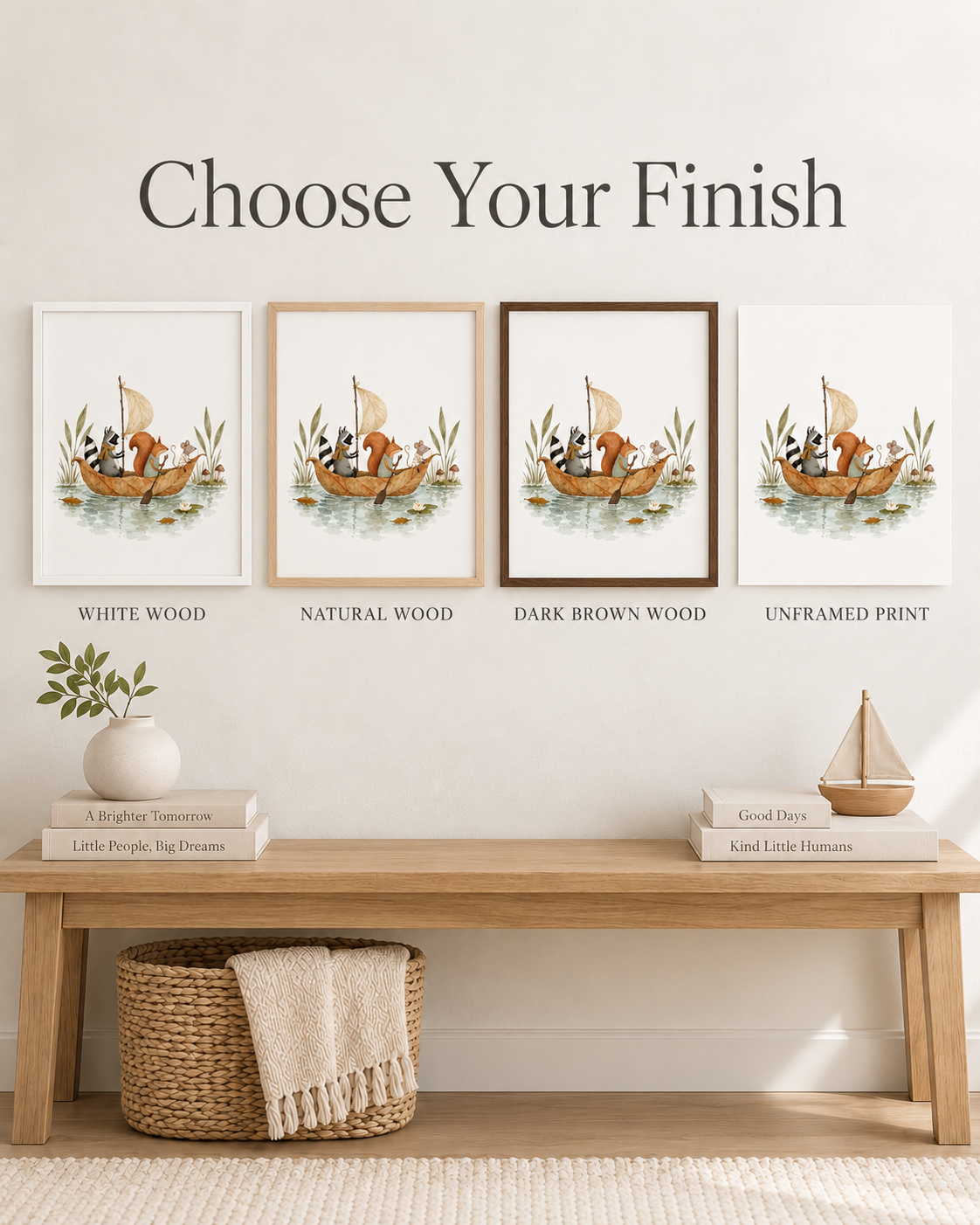 Urchin Bay frame finish guide showing the same print in White Wood, Natural Wood, Dark Brown Wood and an unframed print, to compare framing options.