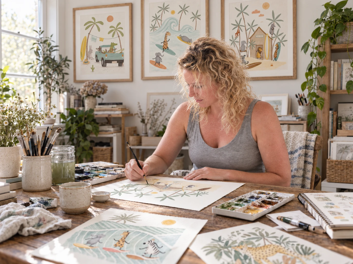 Cristy Hobbis, the artist behind Urchin Bay, hand-painting a watercolor illustration at her desk surrounded by original artwork.