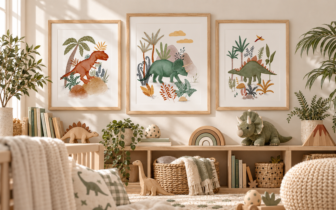 Framed Urchin Bay dinosaur nursery wall art featuring a T-Rex among palm trees, a Triceratops near rocky hills, and a Stegosaurus with a flying pterosaur, displayed above a toy shelf in a child's room.