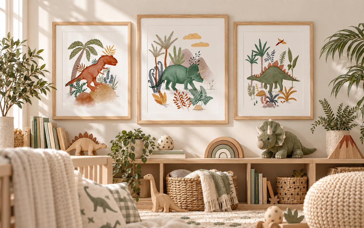 Framed Urchin Bay dinosaur nursery wall art featuring a T-Rex among palm trees, a Triceratops near rocky hills, and a Stegosaurus with a flying pterosaur, displayed above a toy shelf in a child's room.