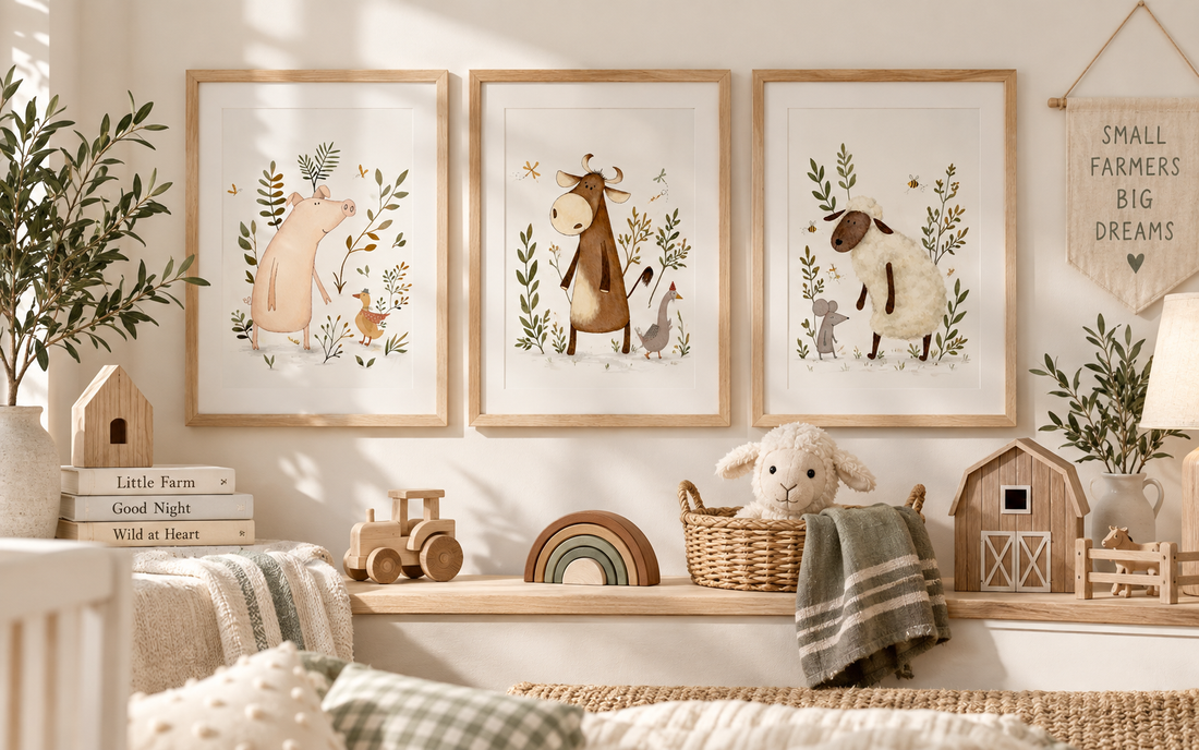 Framed Urchin Bay farm nursery wall art featuring a pig, cow and sheep with a mouse in a warm children's room, with a 'Small Farmers Big Dreams' banner below.